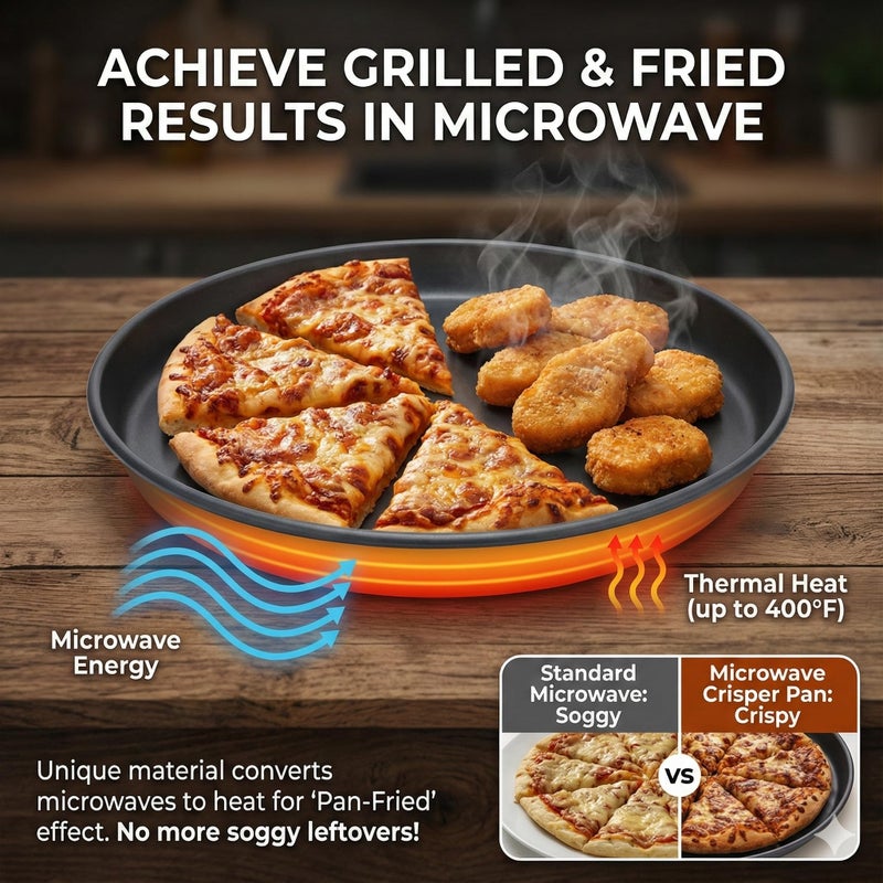 MACONEE 12inch Universal Microwave Crisper Pan/Microwave Cookware Crispy Plate Fry Pan, Microwave Cooker for Reheat Frozen Pizza, Chicken Nuggets French Toast with Crisp Effect! - Image 2